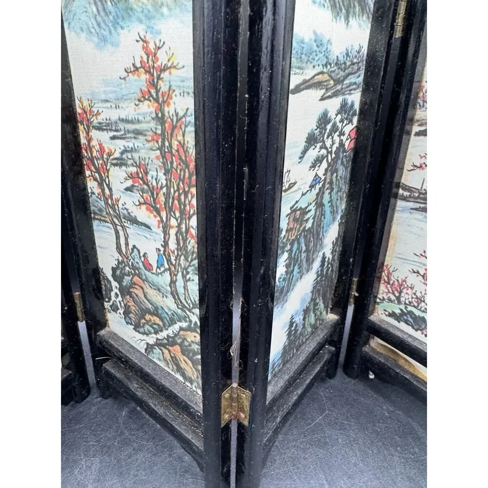 Vintage Asian Style 4 Panel Folding Doll House Screen Hand Painted Landscape